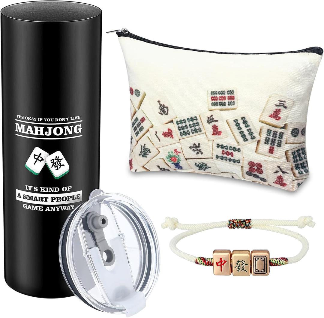 3 Pcs Valentine's Mahjong Gifts for Women Men 20oz Stainless Steel Insulated Tumbler Mahjong Coin Purse Cosmetic Bag Lucky Bracelet for Lover Player Friends Birthday New Year Gift