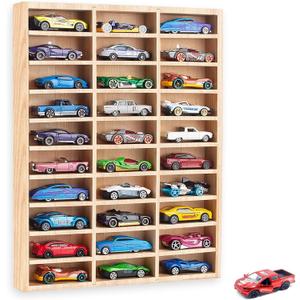 Stylish Wood Toy Cars Display Case with Removable Shelves, Wall-Mountable Organizer for Toy Cars and Matchbox Cars, Includes Hanging Screws (Wood-30 Slots)