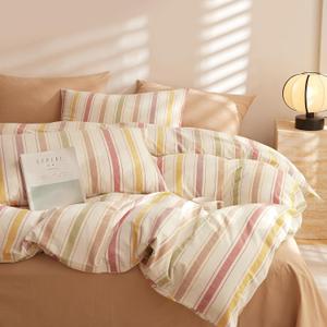 mixinni Vintage Striped Duvet Cover Set Twin, 3-Piece Washed Cotton Bedding Set - Soft, Breathable & Colorful Marble Stripe Pattern, All-Season Comforter Cover with Zipper-Twin Size