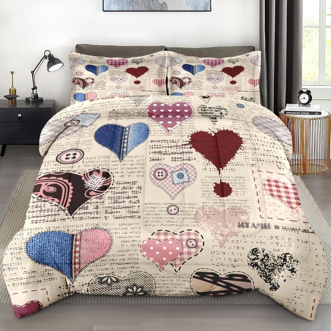 Comforter Set King Size, Love Valentines Day Heart 3 Pcs Soft Bedding Set for Kids and Adults, Patchwork Collage Comforter Set with 2 Pillowcases, for Bedroom Bed Decor