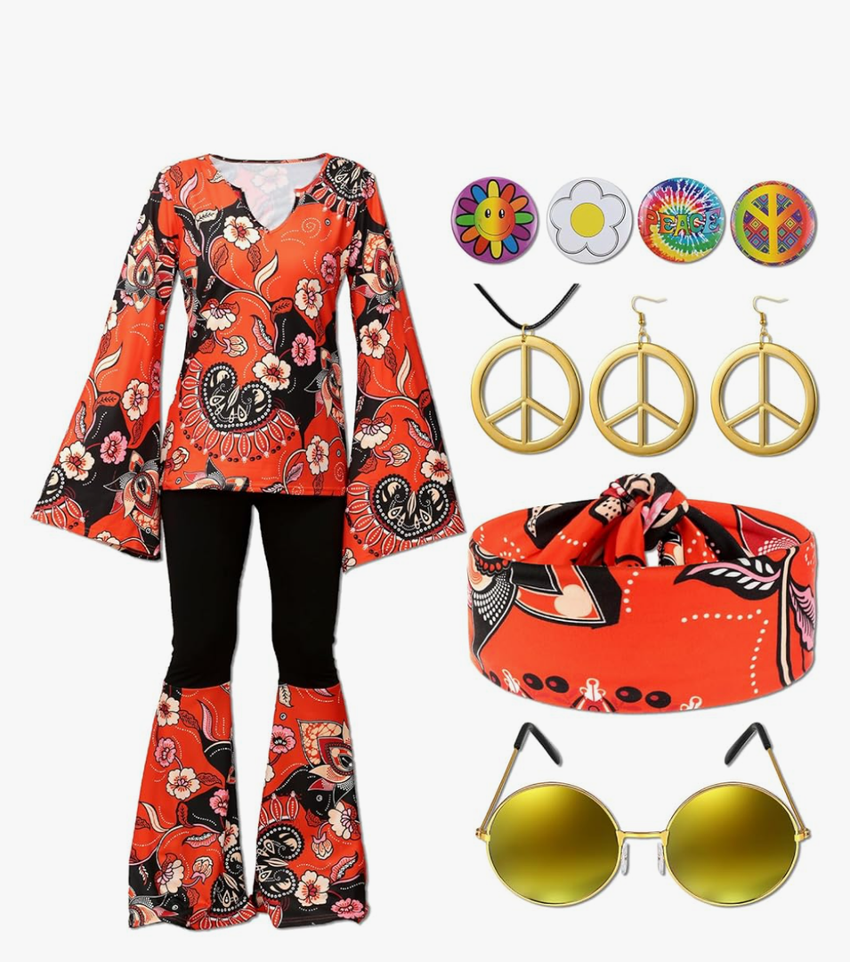 Jiuguva 17Pcs 60s 70s Outfits for Women Hippie Costume Set Disco Outfit Dress Boho Flared Pants Hippie Shirt Headband, Large 