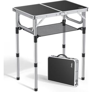 Anbte Folding Camping Table, Aluminum 24" x 16" Adjustable Height Small Folding Table with Carrying Handle, Lightweight, Portable Camping Table Waterproof for Outdoor Indoor Picnic Beach BBQ (Black)