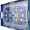 Boho Blue Decorative Tray, Serving Tray with 4 Handles, Plastic Tray for Coffee Table, Ottoman - Ideal for Living Room & Bathroom. 15 x 11 x 1.9