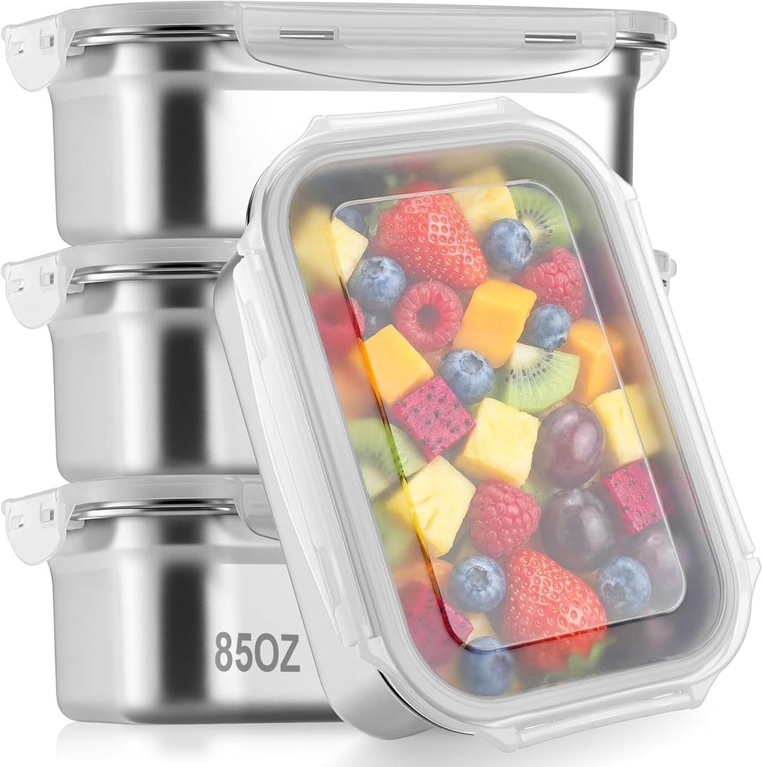 4 Pcs 85 Oz/ 2500 ml Stainless Steel Food Containers with Lids Large Metal Meal Prep Containers Lunch Box Airtight Bento Container Food Storage Canisters Keep Fresh for Kitchen Picnic Travel