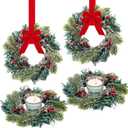 Jexine 4 Pieces Mini Christmas Wreaths for Kitchen Cabinet Small Christmas Candle Rings Wreaths Pillars Candle Rings Table Centerpieces Hanging Garlands for Front Door Window Decor (No Red Ribbon)