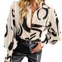 Womens Button Down Shirts Print Boho Blouses Floral Long Lantern Sleeve Top (Beige, L)