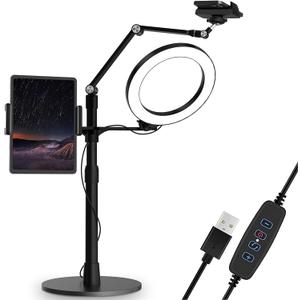 SupeDesk Selfie Ring Light Phone Tablet Stand, 8" LED, 3-in-1, Overhead Phone Stand, Compatible with 4.5-13" Phone&Tablet, Adjustable Long Arm, YouTube/Tiktok Video, Zoom, Live Stream