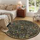 Round Rug 6ft Black Brown Washable Floral Circle Rug,Vintage Boho Botanical Round Area Rugs, Non-Slip Soft Low-Pile Circular Carpet for Bedroom,Kids Room,College Dorm,Home Decor