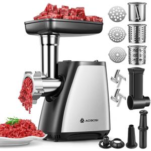 AAOBOSI Meat Grinder, 4-In-1 Meat Grinder Electric [2800W Max] with 3 Slice, Shred Blades,2 Blades,3 Plates,Sausage Stuffer,Kubbe Kit, for Home Kitchen Use, Stainless Steel (Standard)