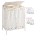 Laundry Hamper with Lid, 112 L Handwoven Rattan Wicker Laundry Basket, 2 Removable Liner Bags Metal Heightened Feet, 6 Mesh Bags, 2 Section Large Clothes Hamper for Bathroom Bedroom, White
