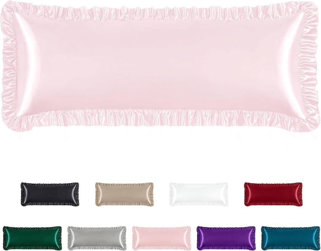 Homiest Ruffle Satin Body Pillow Cover, Silky Satin Body Pillowcase with Envelope Closure, Luxury & Ultra Soft Long Pillow Cases for Hair and Skin, Ruffled Long Pillow Shams (Blush Pink) (Body - 20 x 54 Inch)