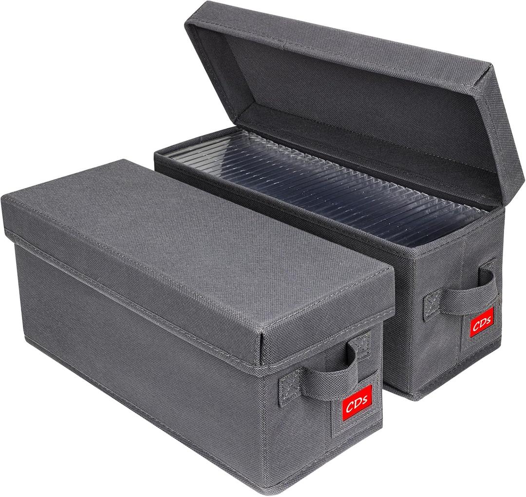 Upgrades CD Storage Box - Perfect CD Case Storage Solution, Stackable CD Organizer with Lid, Pack of 2 CD Holder 14.37 x 5.5 x 6.3 Inches - Holds 70 Jewel Cases - Grey