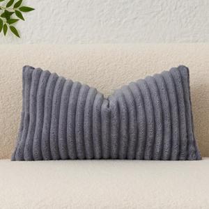 Kevin Textile Soft Plush 14x24 Inch Lumbar Pillow Cover 1 Pack, Luxury Fluffy Faux Fur Striped Flannel Rectangle Cushion Case for Couch Sofa Chair Bed Home Decor, Dark Grey