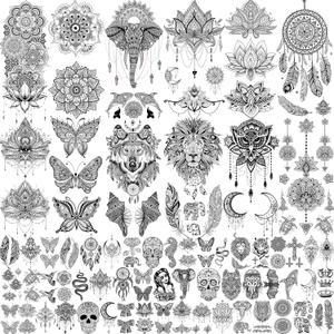 64 Sheets Tribal Vintage Black Lotus Temporary Tattoos for Women Girls, Bohemia Mandala Flower Fake Sleeve Tattoos for Adults Owl Moon