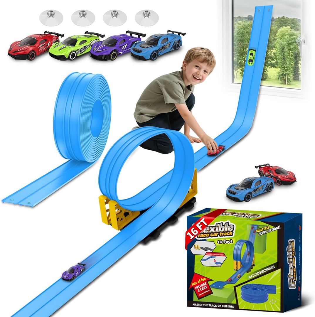 Flex Race Track 16 Ft with Suction Cups Compatible with Diecast 1/64th Cars, Flexible Car Track Toys for Ages 3+ Kids Toddlers Roll Out Portable Racetrack (Light Blue)