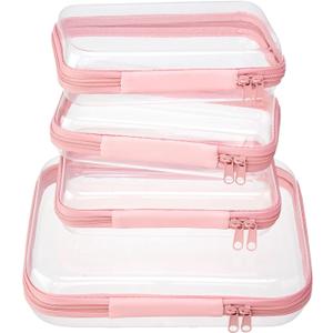 4 pcs Clear Zipper Pouches,Hard Shell Zipper Case, Toiletry Bag for Travel, CLear Diaper Bag, Toiletry Pouch, Travel Organizer, Cosmetic Bag,Toy Storage Bins (M+3S) (Light Pink)