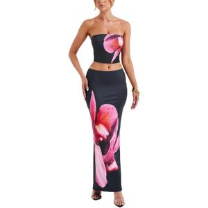 REASERAL Womens Summer Maxi Skirt Outfits Floral Print Tube Top Maxi Skirts Vacation Going Out Outfits, S