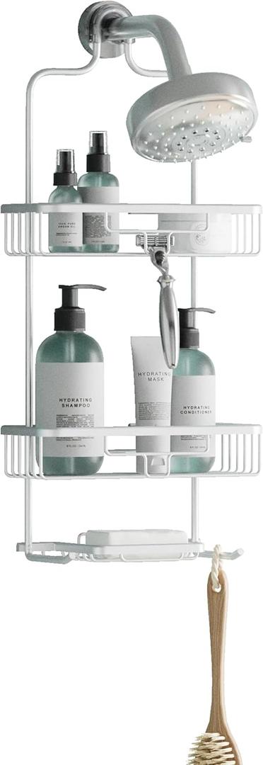 Zenna Home Rustproof Hanging Shower Caddy, Over the Shower Head Caddy with 2 Shelves and Built In Hooks, Aluminum Bathroom Hanging Organizer, Satin Chrome