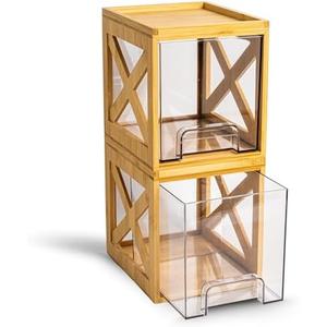 Bamboo Snack & Pantry kitchen Organizer – 2 Pack Bamboo Stackable Storage Drawers – Pull Out Storage for Cookies, Spices, Coffee Pods & K Cups – Clear Acrylic Drawer for Countertop Use