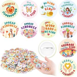 100 Pcs Reading Awards/Be Kindness Pins Back to School Funny Reading Prizes Kindness Book Lover Round Buttons Pins Positive Incentive Reward Prizes for Students Classroom