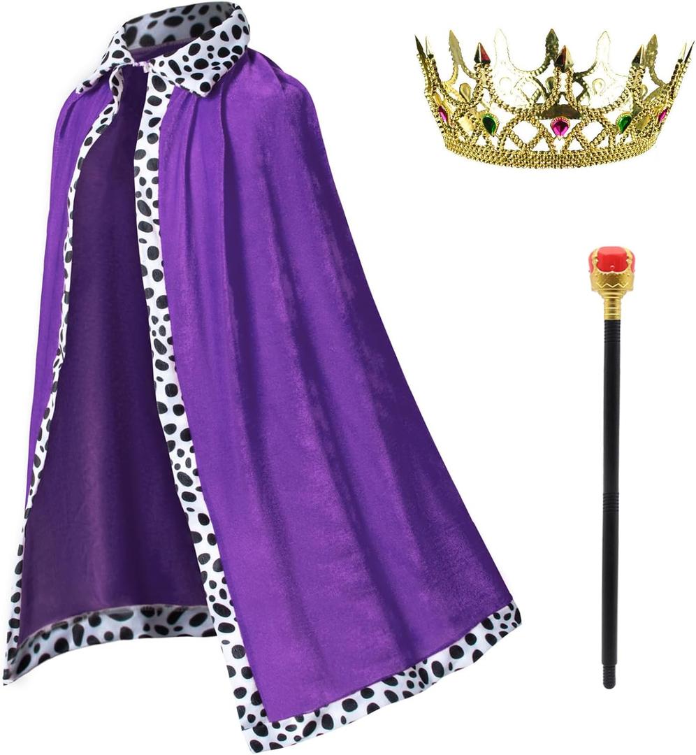 King Costume for Kids Robe Crown Scepter Set Boys Royal Prince Cape Dress Up Cosplay (Medium)