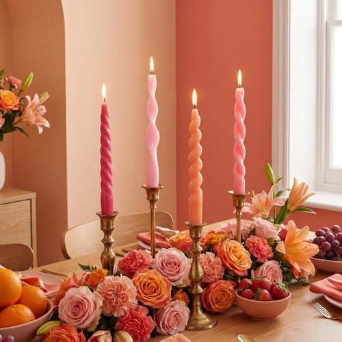 Nuanchu 4 Pcs Twisted Taper Candles Wax Unscented Smokeless Spiral Swirl Candlesticks for Wedding Holiday Dinner Party Home Decorations(7.87 Inch,Pure,Pink)