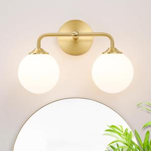 Modern Gold 2-Lights Bathroom Light Fixtures, Brass Vanity Light with Milky White Globe Glass Shade, Elegant Vanity Light Fixtures over Mirror, Wall Sconce Light for Bathroom, Mirror, Dressing Table
