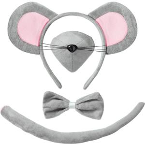 JIALWEN Mouse Costume Set Mouse Ears Headband Nose and Tail Bowtie Animal Kit Party Cosplay Dress Up Accessories for Halloween Christmas Easter Decorations