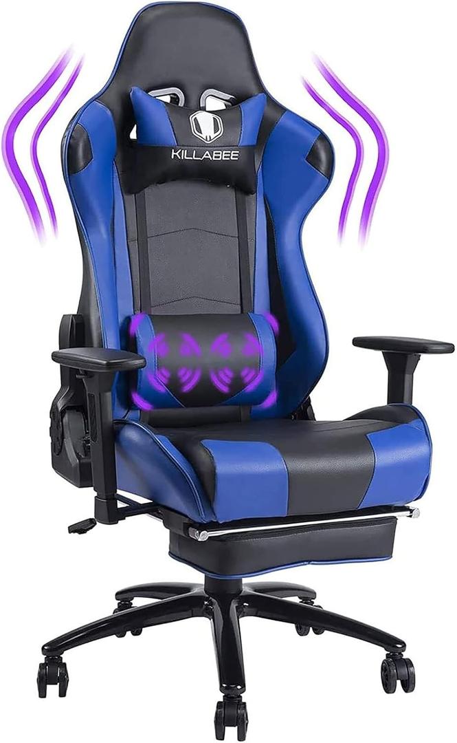 Massage Gaming Chair with Retractable Footrest, 360 Swivel, Adjustable Armrests, High-Back Ergonomic PC Desk Chair, PU Leather - Black(White)