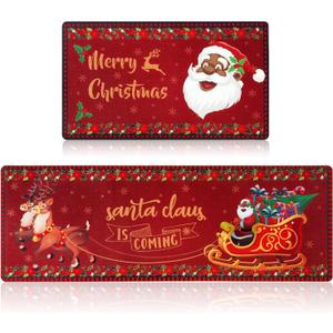 Black Santa Christmas Kitchen Rug and Mat Set,African American Christmas Decorations,Winter Holiday Merry Christmas Kitchen Sink Floor Mat Santa Claus Kitchen Bathroom Mat for Xmas Indoor Decoration