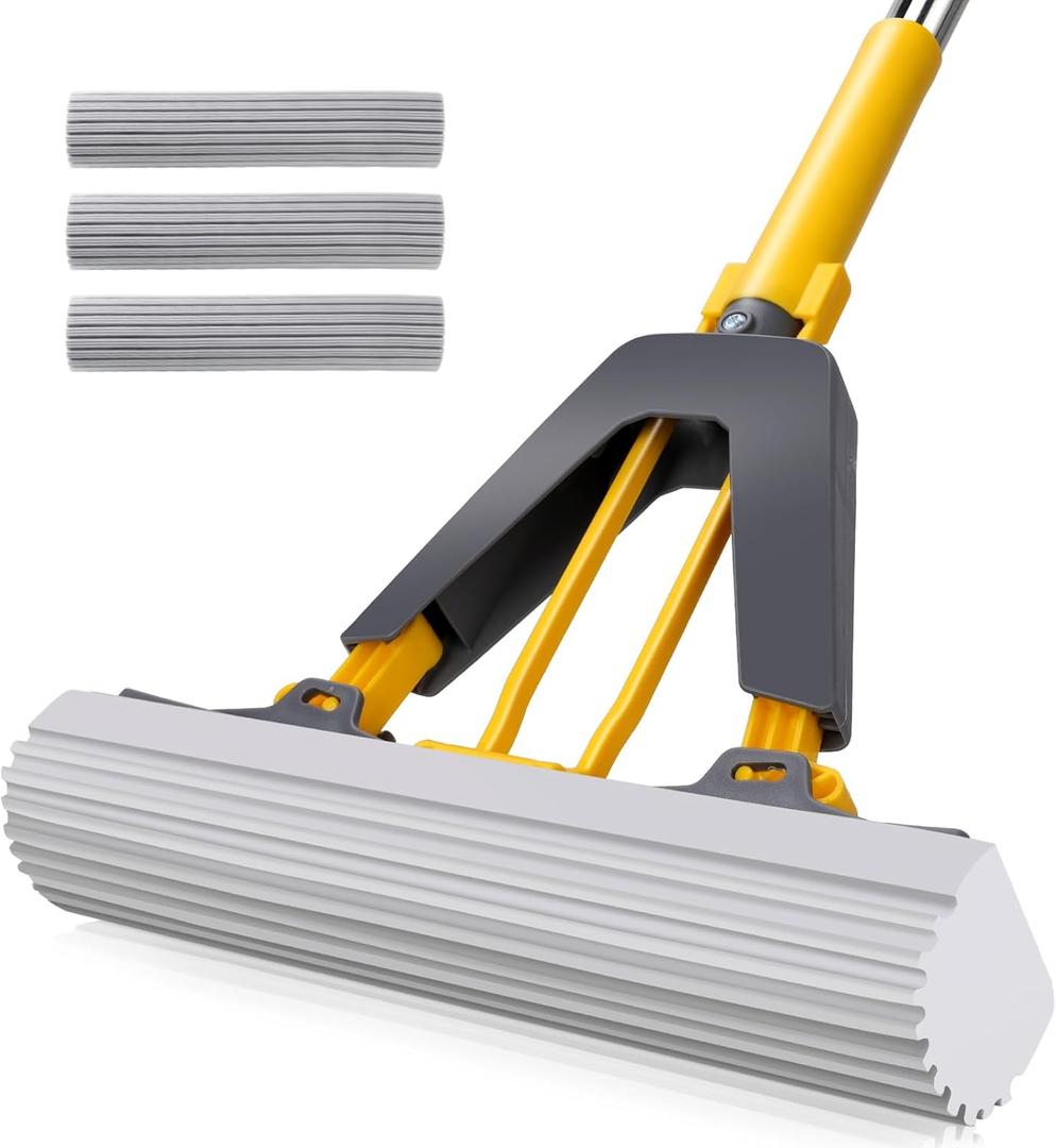 Masthome Sponge Mop, Roller Sponge Mop with 3 Absorbent PVA Mop Refills, Self Squeeze Sponge Mops and Stainless Steel Handle, PVA Sponge Mops for Floor Cleaning (Yellow)