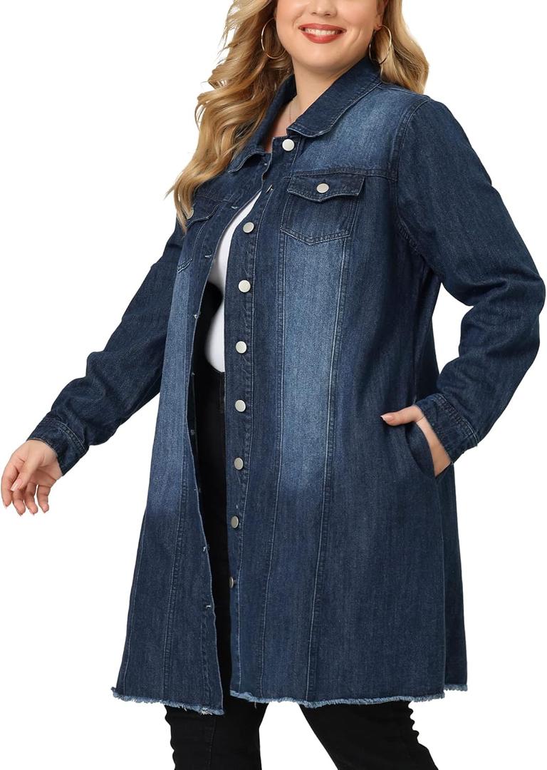 Agnes Orinda Women's Plus Size Denim Jacket Casual Long Distressed Button Up Pockets Jean Jackets (3X, Dark Blue)
