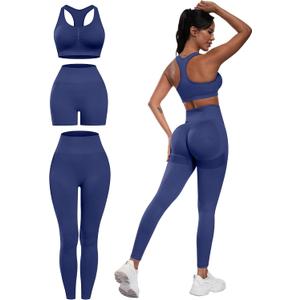 SALSPOR 3 Piece Workout Sets for Women Butt Lifting Leggings with High Impact Sports Bra Gym Shorts(3DWX-Navy Blue-S)