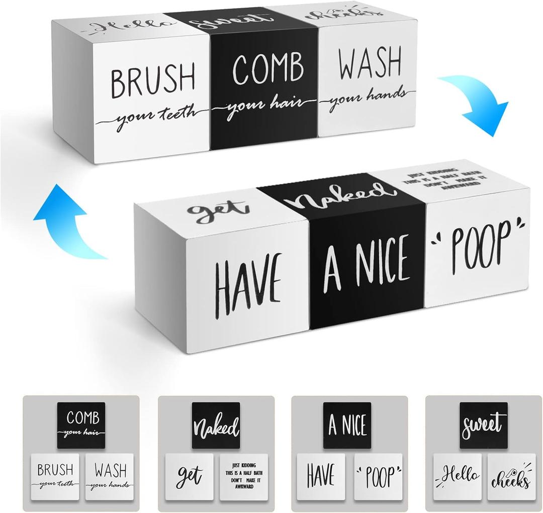 Farmhouse Set of 3 Rustic Wooden Bathroom Shelf Decor with Unique Sayings - Cute Black and White Bathroom Decor for Guest Restroom Home Decoration