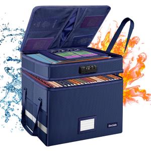 DocSafe File Box with Lock,Multi-Layer Fireproof Document Box Collapsible File Storage Organizer with Pockets/Handle,Large Portable Home Office Filing Safe for Hanging Letter/Legal Size Folders,Blue