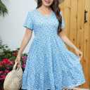 Younrui Women's Plus Size Casual Summer Tiered Dresses Short Sleeve Scoop Neck Ruffle Hem Loose Fitting Midi Babydoll Dress (Blue)