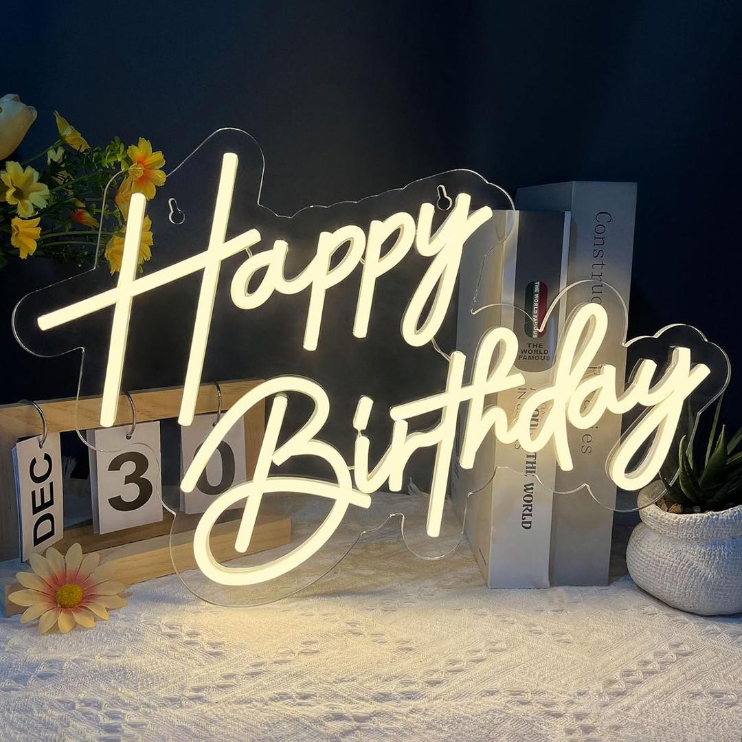 Happy Birthday Neon Sign for Wall Decor, 1712 Inch Warm White LED Neon Light Signs, Art Decoration Happy Birthday Neon Light Sign for All Birthday Party Decoration with 2 Pcs Pasters, 17x12 inches