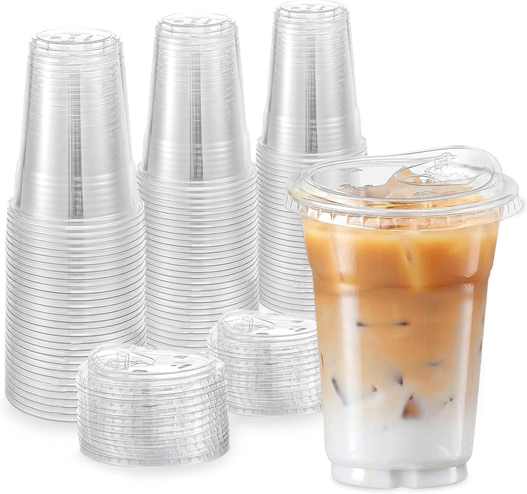 TashiBox 24oz100 Sets Clear Plastic Cups With Strawless Sip Through Lids,Clear Crystal disposable plastic cups,smoothie cups