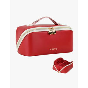 Prite Makeup Bag for Women Travel Waterproof Vegan Leather Cosmetic Bag Open Flat Toiletry Bag With Clear Divider and Handle (Red)