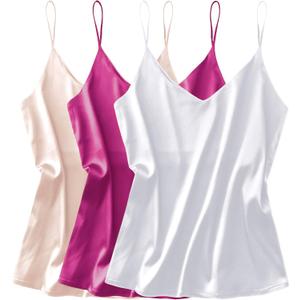 Ekouaer 3 Pack: Womens Silk Satin Tank Top V Neck Camisole Cami Spaghetti Strap Top Loose Sleeveless Blouses Tank Shirt