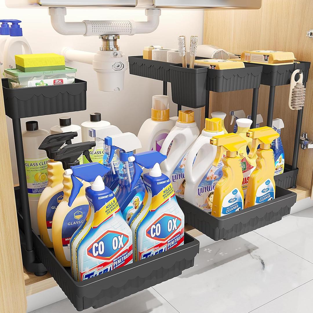 3 Pack Multi-Purpose Under Sink Organizers and Storage, 2025 L-Shaped Pull Out Cabinet Organizer for Bathroom & Kitchen, Under Cabinet Organizer with Hooks Hanging Cup, Black