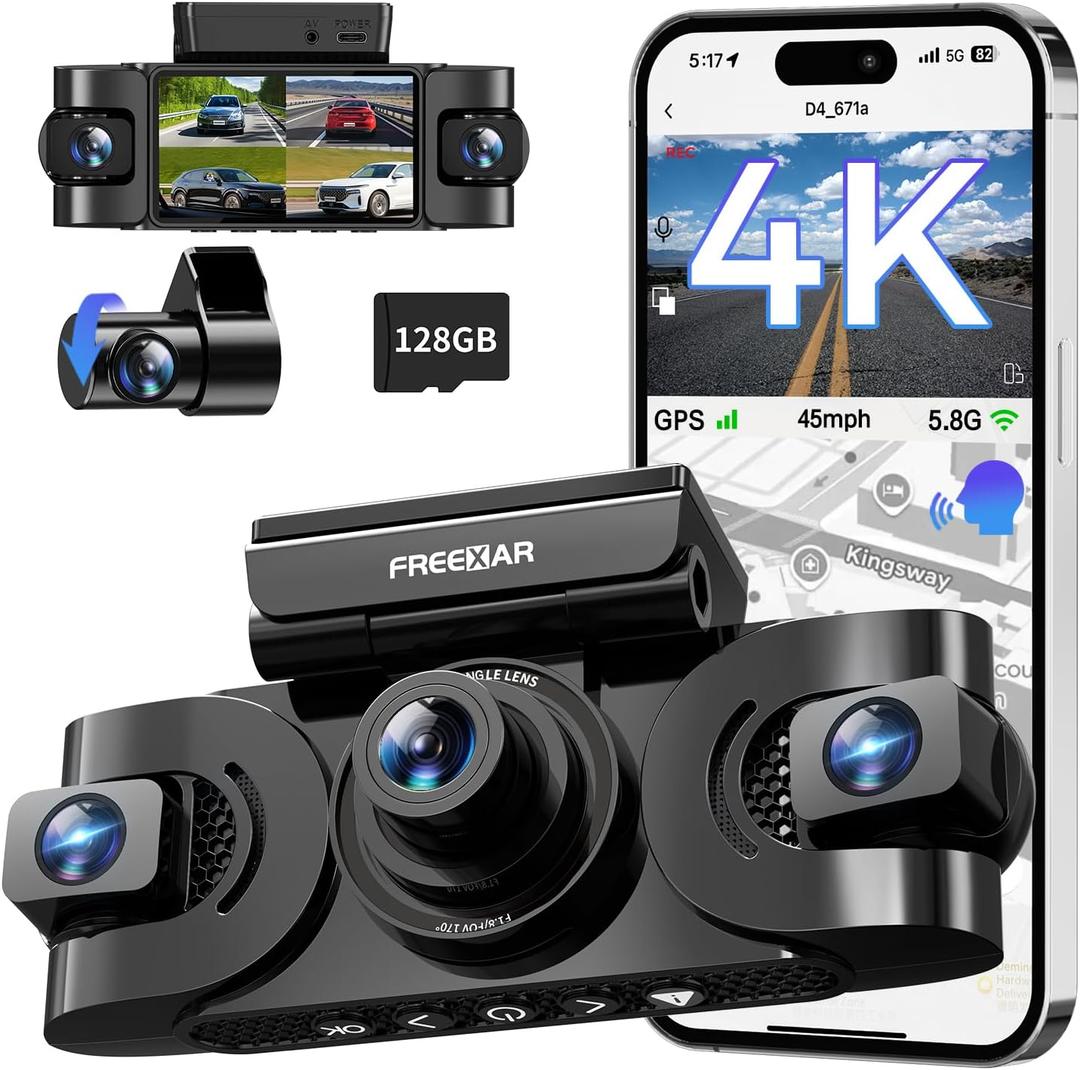 4K 360 Dash Cam, 4-Channel Dash Camera for Cars, Full Coverage Front Rear Left Right Inside with GPS, 5.8GHz Wi-Fi & App, Night Vision, Voice Control, 24H Parking Mode, 128GB Card Included