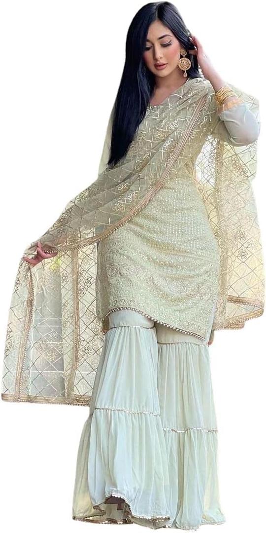 Beautiful Chinnon Punjabi Style Sharara Suit For Women Ready To Wear Salwar Kameez With Dupatta (Small, Green)