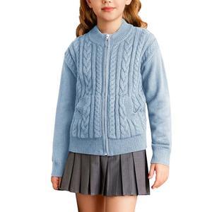 Blue Girl Cardigan Cable Knit Long Sleeve Zipper Sweater Jacket School Outfits Size 7-8