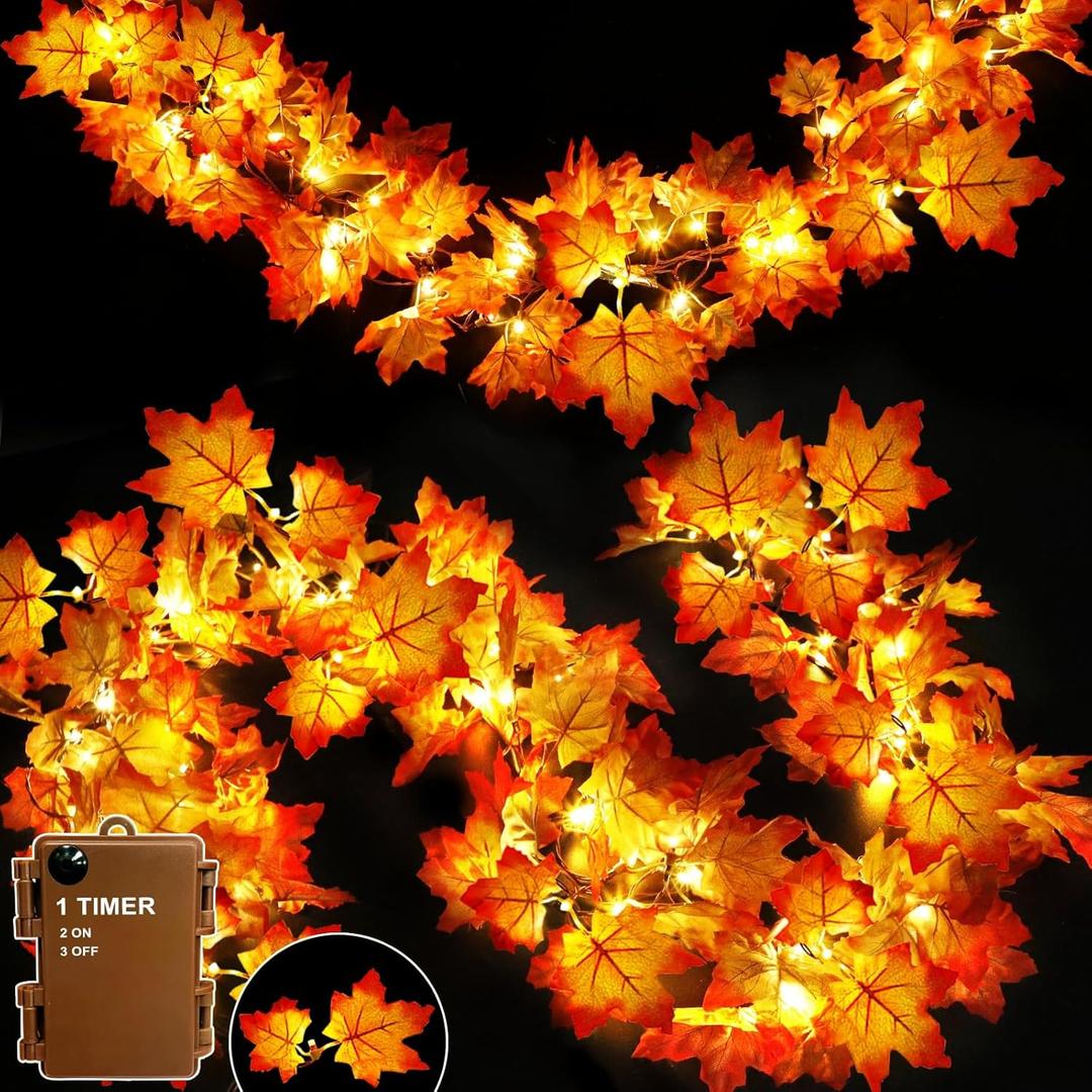 Timer & Thicker Leaves - 2 Pack Fall Garland with Lights Thanksgiving Fall Decorations for Home Total 80 Leaves 40LED 13Ft Battery Operated Lighted Thanksgiving Garland Home Indoor Outdoor Christmas