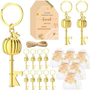 12 Sets Thanksgiving Party Favors Friendsgiving Gifts Pumpkin Beer Bottle Opener Keychains Cards Ropes and Organza Bags for Home Decor Thanksgiving Party Supplies for Guest