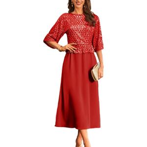 GRACE KARIN Mother of Bride Dresses 2025, 3/4 Sleeve Sequin Dress Maxi, Elegant Wedding Guest Dress Formal Cocktail (Small, Red)