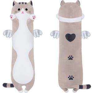 Cute Long Cat Plush Body Pillow, Kawaii Cat Plushie Toys Cuddle Cartoon Stuffed Animals Soft Kitten Throw Pillow Doll Gift for Kids Girls Boys (43.3", Grey)