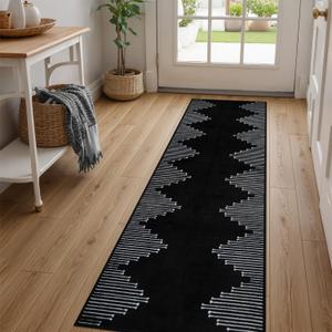 Seavish Black Runner Rug 2x6 Kitchen Runner Rugs Non Skid Washable Low Pile Thin Rugs for Entryway Indoor Bohemian Stripe Hallway Runner Rug Non Shedding Boho Floor Carpet Runner for Bedroom Laundry