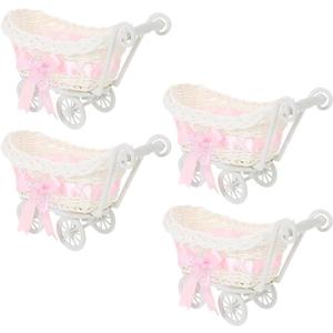 Ciieeo 4pcs Mini Rattan Trolley Basket Weddings Showers Decorative Candy Serving Basket for Party Favors Multi-Function Woven Flower Baskets Containers, 26.00X15.00X10.00CM